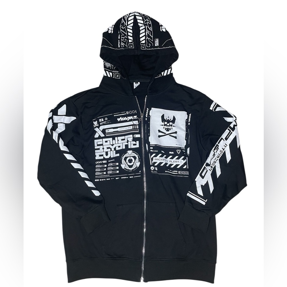 Niepce Ink Cyberpunk Full Zip Hoodie, Black with White Graphic-Men’s 2XL